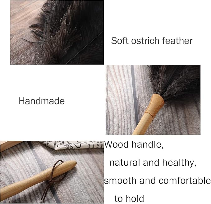 Feather Duster, Ostrich Feather Duster Ddzmz Fluffy Natural Genuine Ostrich Feathers and Reusable Wooden Long Handle Large Ostrich Feather Duster Cleaning for Housewife Black Length 16" 1Pack