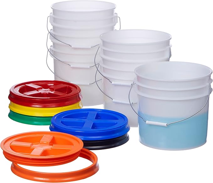 Consolidated Plastics 3.5 Gallon Natural Food Grade Buckets + 6 Gamma Seal Lids, BPA Free Container Storage, Durable HDPE Pails, Made in USA (6 Pack)