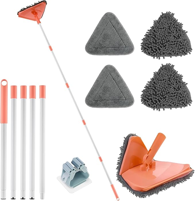 Wall Cleaner Triangle Mop with 82'' Long Handle - Wall Scrubber, Cleaning Washer Tool with 4 Microfiber Chenille Duster Pads for Clean Walls, Ceiling, Windows, Floors, Baseboards (4 Pads)