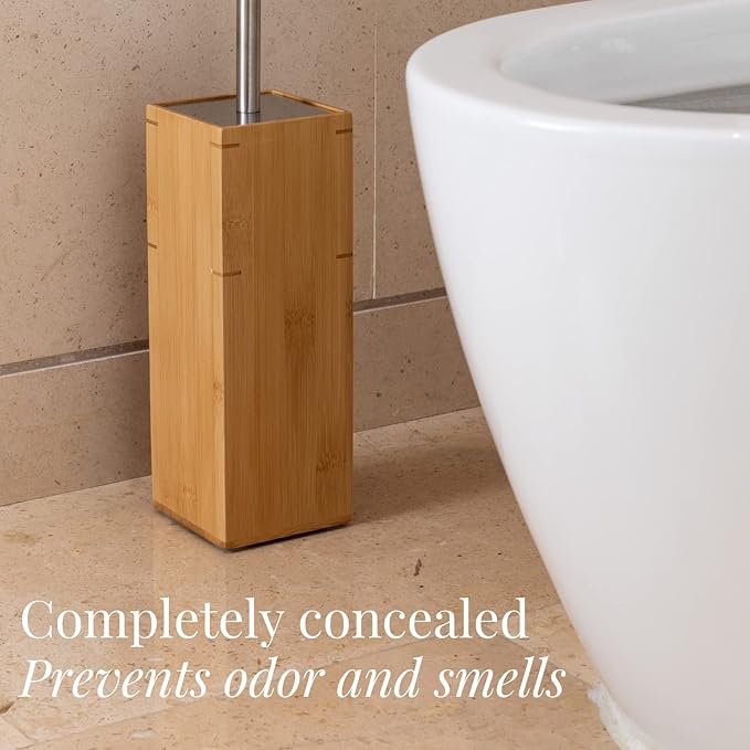 GOBAM Bamboo Toilet Bowl Cleaner with Holder for All Toilet Types - Hidden Stainless Steel Toilet Brush - Bathroom Cleaning Brushes - Toilet Accessories - Natural