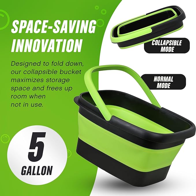 Grip Clean Collapsible Bucket - 5 Gallon Foldable Cleaning Bucket with Ribbed Bottom - Durable Car Wash Bucket for Household Chores, Camping, and Outdoor - Green