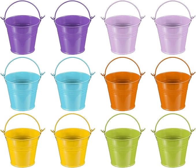PATIKIL 2.7"x2.3" Small Metal Buckets with Handle, 12 Pcs Mini Bucket Colorful Easter Buckets for Crafts Party Favors Decoration, Green/Yellow/Orange/Blue/Light Purple/Dark Purple