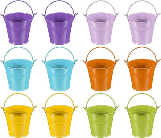 PATIKIL 2.7"x2.3" Small Metal Buckets with Handle, 12 Pcs Mini Bucket Colorful Easter Buckets for Crafts Party Favors Decoration, Green/Yellow/Orange/Blue/Light Purple/Dark Purple