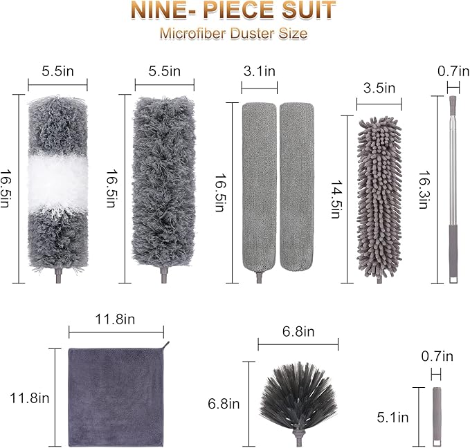 Microfiber Duster for Cleaning Fan, High Ceiling, Blinds, Furniture, Cars , 9PCS Extendable Feather Duster (Stainless Steel) 30 to 100 Inches, Reusable Bendable Washable