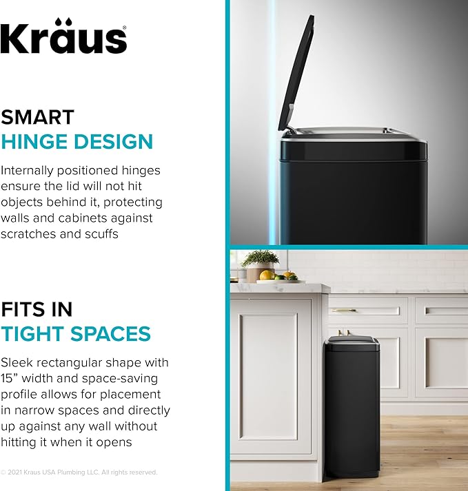 Kraus GarbagePro Rectangular 13 Gallon Hands-Free Motion Sensor Trash Can Battery Operated in Matte Black Finish with SoftShut Touchless Lid, KTCS-10MB