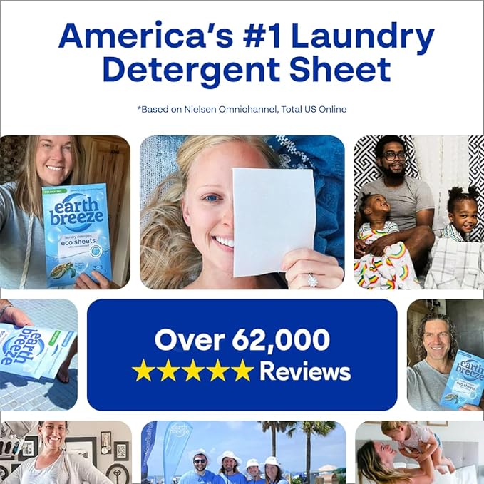 Earth Breeze Laundry Detergent Sheets Fresh Scent - 180 Loads Eco Liquidless Soap - Travel-Friendly for Hot & Cold Cycles, Tackles Tough Stains & Odors - Gentle on Skin, 90 Ct (3 Pack)