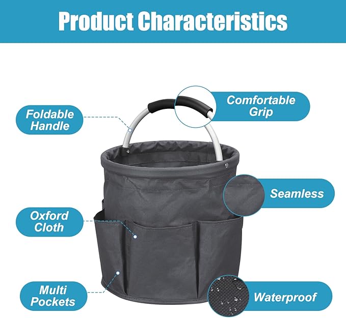 Cleaning Caddy with Handle, 17L Cleaning Supply Caddy Foldable Bucket Organizer Cleaning Products Organizers Cleaning Tools Bag 4.5 Gallon (Dark Gray)