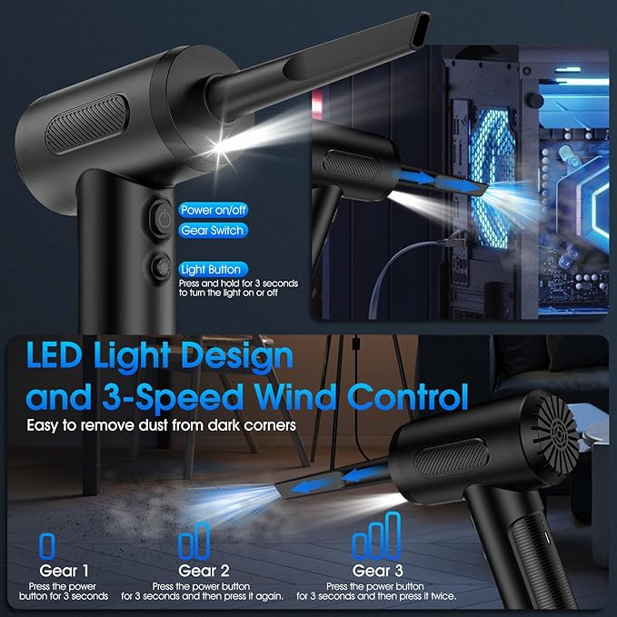 Compressed Air Duster, 100000RPM Handheld Car Vacuum/Air Blower& Pump, 3 Gear Adjustable Electric Air Duster/Car Vacuum Cleaner, Keyboard Duster with LED Light-10 Kits Air Blower for Computer(Black)