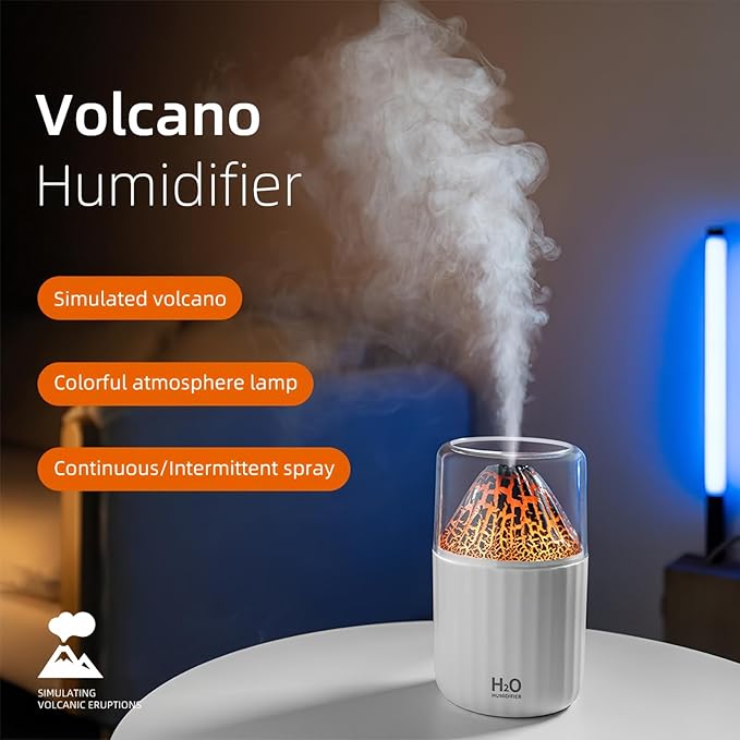 Colorful Volcano Humidifier, Ultrasonic Cool Mist Auto Shut-Off Car Diffuser, 2 Fog Mode Ultra Quiet Humidifier for Car Bedroom Office USB-300ml (White)