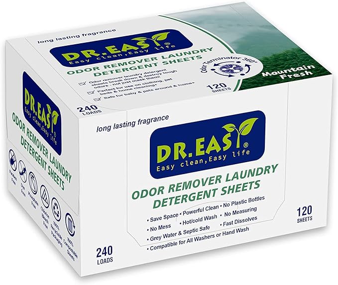 DR.EASY Odor Remover Laundry Detergent Sheets 240 loads Mountain Fresh,Easy To Carry Great For Travel,safe for pets,No mess No Dyes biodegradable formula