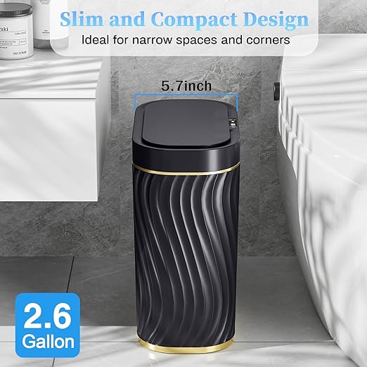 Bathroom Trash can with Automatic Touchless Lid, 2.6 Gallon Black Motion Sensor Small Garbage Can, Slim Waterproof Smart Trash Bin for Bedroom, Office, Living Room