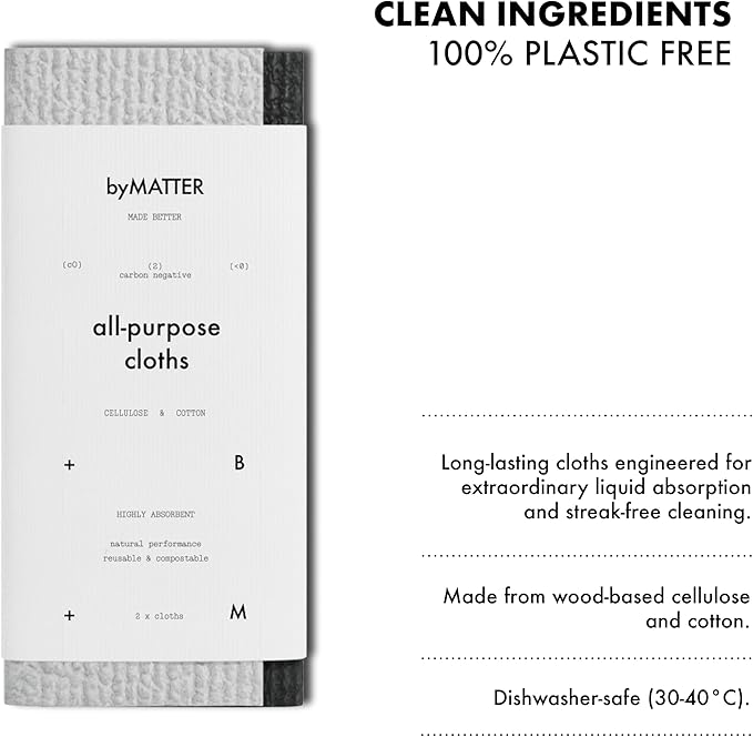 byMATTER All Purpose Cleaning Cloths – Reusable Cleaning Cloth Pack, Plastic Free, Compostable, Highly Absorbent, Dishwasher Safe, Streak Free Kitchen Cloth Set x2