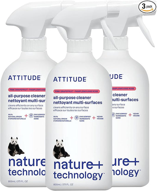 ATTITUDE All Purpose Cleaner Spray, EWG Verified, Vegan, Made with 94% Plant-Based Ingredients, Streak-Free for Kitchen, Bathroom, Glass & More, Pink Grapefruit, 27.1 Fl Oz (Pack of 3)