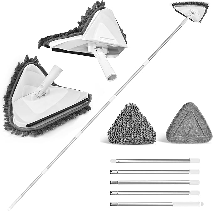 JEHONN Wall Mop with Long Handle 80 inches, Upgraded 180° Collapsible Baseboard Cleaner Tool with Squeegee, Ceiling Duster with 1 Microfiber and 1 Chenille Pad for Cleaning Window, Cabinet (White)