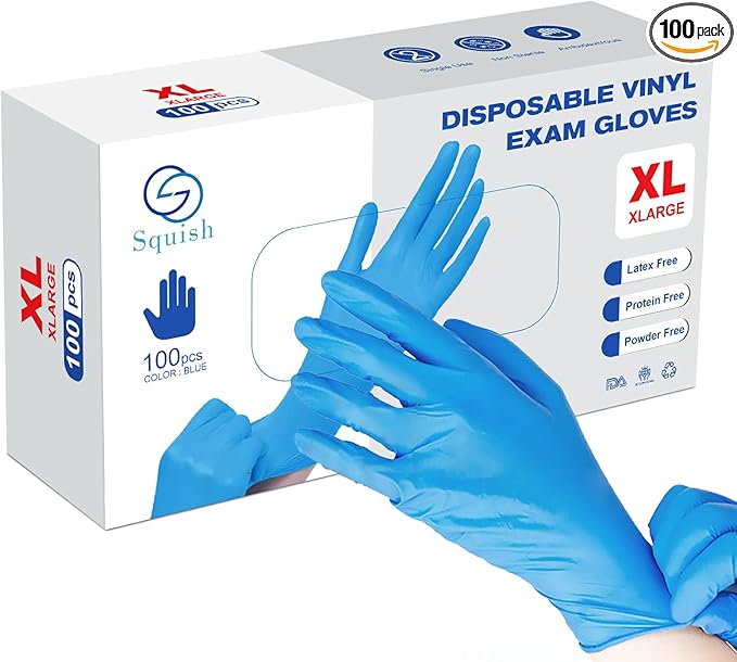 squish Disposable Gloves, Blue 4 mil Vinyl Synmax Exam Gloves Non Sterile, Powder Free, Latex Free - Cleaning Supplies, Kitchen and Food Safe(Pack of 100) (Blue X-Large)