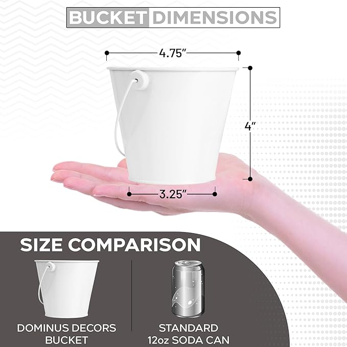 Small Metal Buckets with Handles - Leak-Proof Galvanized Pail - Multipurpose Tin Buckets for Party Favors, Organization, School, Weddings, Garden - Set of 6, White