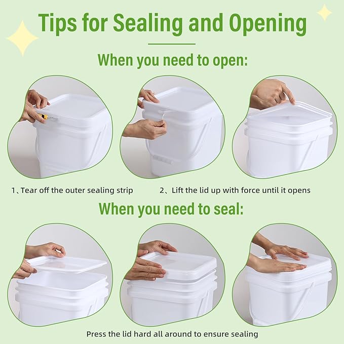 Square White Plastic Bucket with Sealable Lid, 4.8 Gallon Food Grade Storage Bucket, 4 Pack