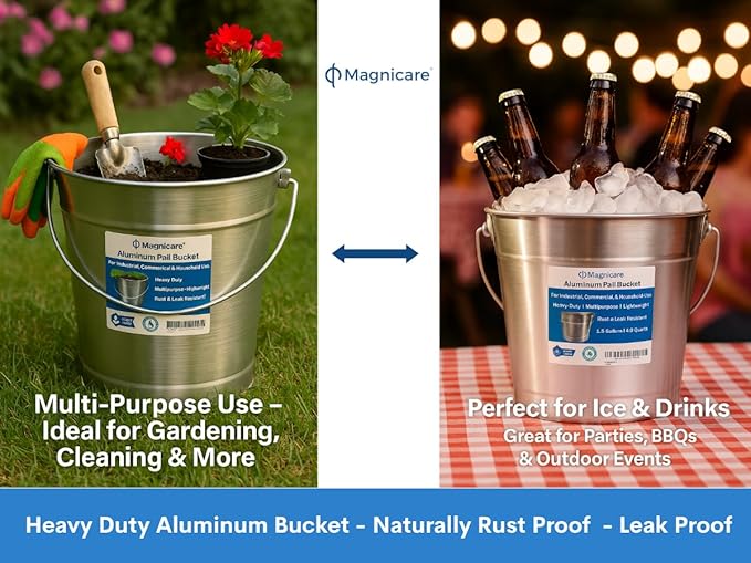 Aluminum Small Metal Bucket with Handle – Ideal Flower Bucket for Garden or Beer, Party, Ice | Buckets for Drinks, Storage, Decor – 1.5 Gallon Capacity