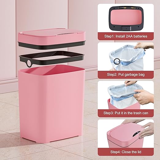 2 Pack 2.7 Gal Bathroom Trash Can with Lid, Automatic Trash Can Small Smart Garbage Can Touchless, Slim Motion Sensor Waterproof Plastic Trash Bins for Bedroom Office Kitchen Toilet Pink