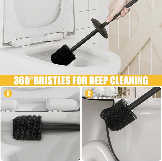 BESy Toilet Brush and Holder, Toilet Cleaner Bowl Set with Two Brush with Extra Long Handle, Durable Bristles Toilet Scrubber and Covered Holder, Drip-Proof Stainless Steel Matte Black