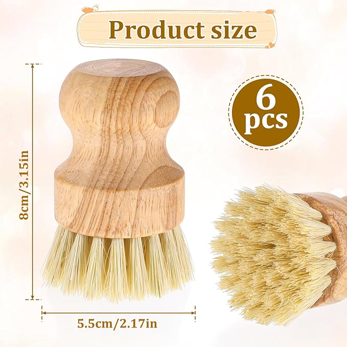6 Packs Bamboo Dish Scrub Brushes Wok Brush Dish Scrubber Brush Kitchen Dishwashing Scrubber with Natural Bristles Bamboo Scrub Brush for Cleaning Pans, Pots, Sink