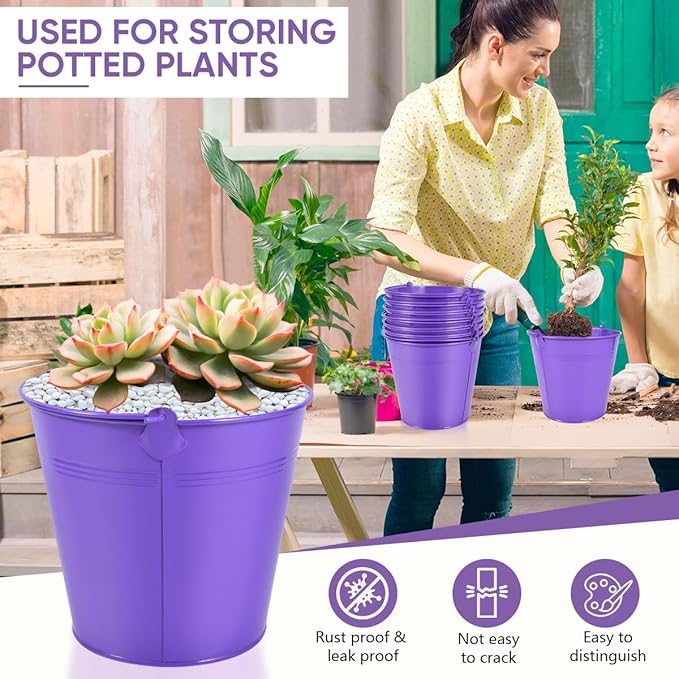 OBTANIM 7 Pack Purple Metal Buckets with Handle Galvanized Ice Pails for Plants, Succulents, Party Favors Organizing, Rustic Home Decor or Classrooms Pencil Storage (6 x 4.4 inch)