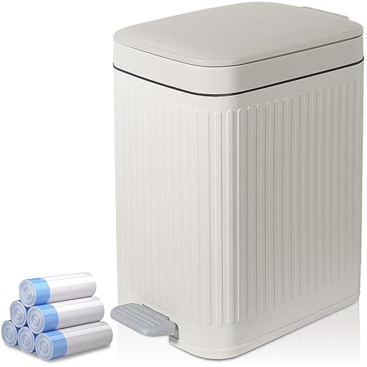 rejomiik Small Bathroom Trash Can with Lid 1.9 Gallon Step Trash Can Slim Garbage Can with Soft-Close Waste Bin for Bathroom, Bedroom, Office, Dorm, RV, Off-White
