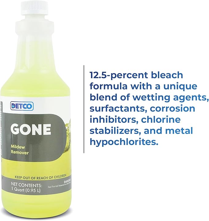GONE Instant Mold & Mildew Remover - 12.5% Bleach Industrial-Strength Cleaner, Stain Removal on Shower, Siding, Bathroom Tile, Grout, Trim, Boats, and Outdoor Furniture, 1-Quart Spray Bottle