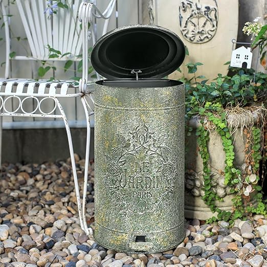Retro Outdoor Trash Can with Lid 17L/4.5 Gallon Waste Container with Pedal Garbage Poop Bin Kitchen Waste Bins Touchless Bathroom Garbage Can Room Park Garden Decor