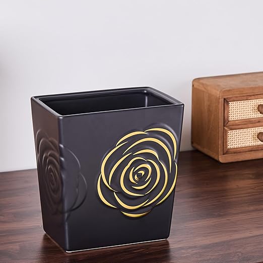 Black Ceramic Trash Can with Gold Rose – 2.5 Gallon Small Bathroom & Kitchen Garbage Bin, Decorative Waste Basket for Bedroom, Office, Hotel – Elegant Floral Design, Heavy Duty (9 Liter, Gift Idea)