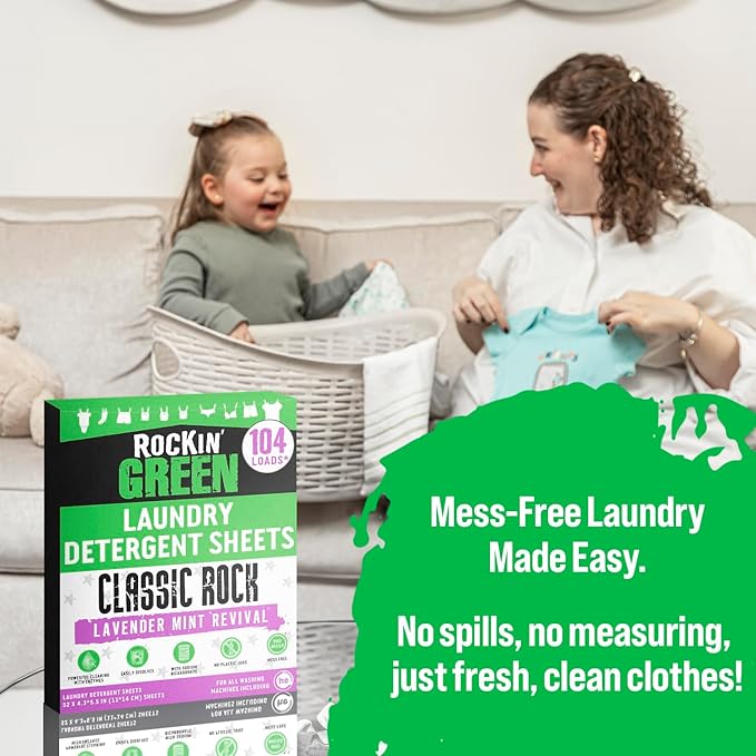 Rockin' Green Travel Laundry Detergent Sheets - Mess-Free Laundry Sheets Detergent Powerful Cleaning with Sodium Bicarbonate - Easily Dissolvable Laundry Soap Sheet (104 Loads, Lavender Mint Revival)