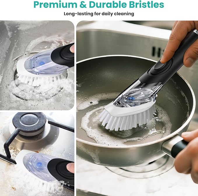 Soap Dispensing Dish Brush, Dish Scrub Brush with Soap Dispenser, Dish Soap Brush for Dishes, Pans, Sink, Pots