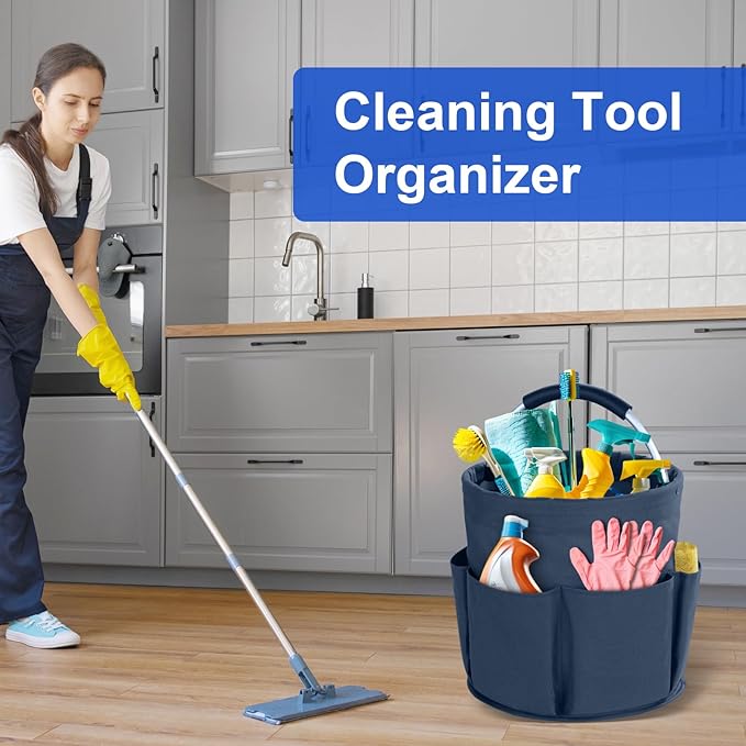 Cleaning Caddy with Handle, Cleaning Products Organiser, 17L Foldable Storage Basket, Cleaning Caddy Organiser, Portable Multi Cleaning Bucket Bag for Home, Garden (Dark Blue)