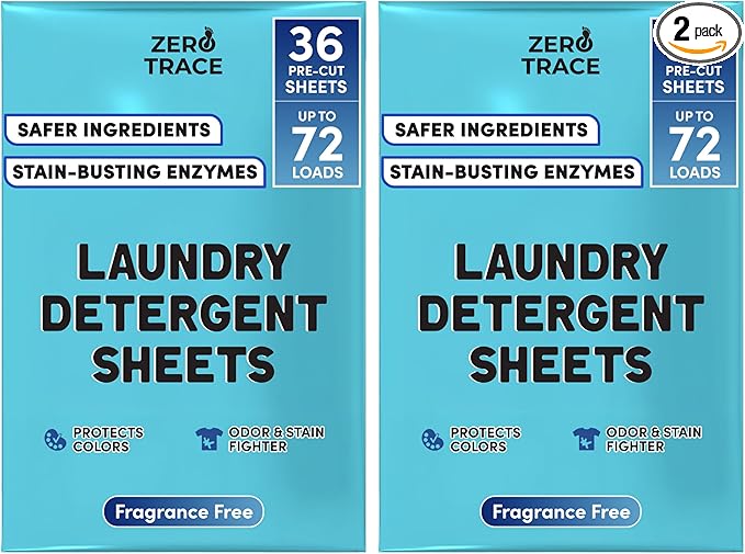 Zero Trace All Natural Laundry Detergent Fragrance Free Sheets - Eco Friendly & Unscented Laundry Detergent (144 Loads 72 Sheets)