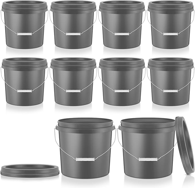 Tioncy 10 Pcs 2 Gallon Plastic Bucket with Lid Heavy Duty 2 Gallon Bucket Pail with Lid Handle for Storage Container Home Household Cleaning (Grey)