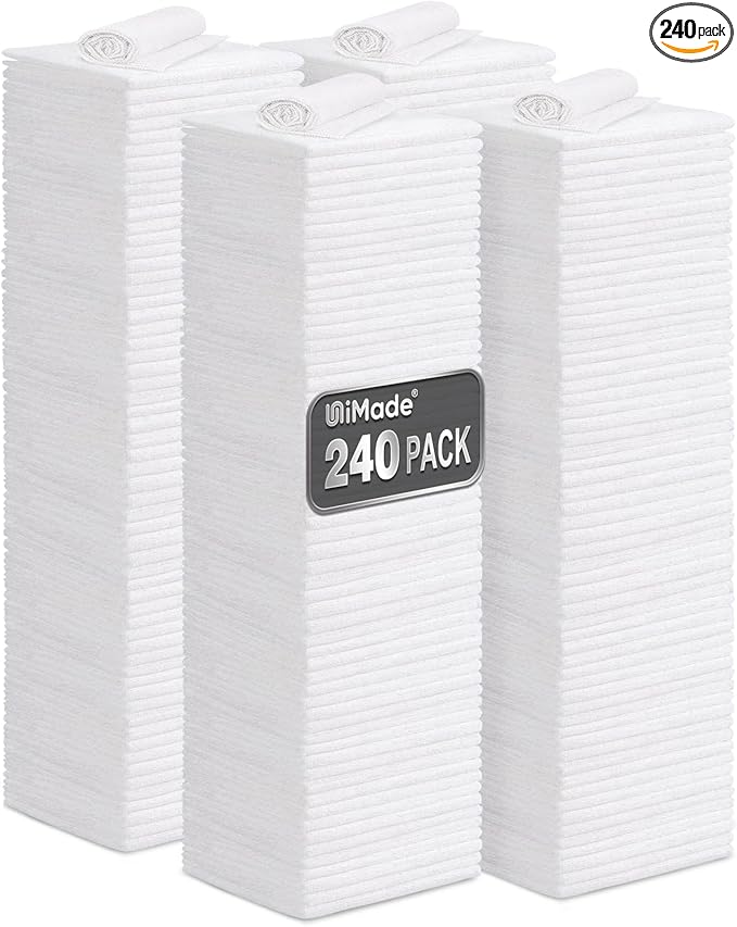 Shop Towels, 240 Pack Commercial Grade Work Rags Microfiber Towel for Cars Cleaning Rags Bulk Detailing Cloth for Automotive Bar Mechanic Restaurant Garage Housekeeping, 11.5"x 11.5", White
