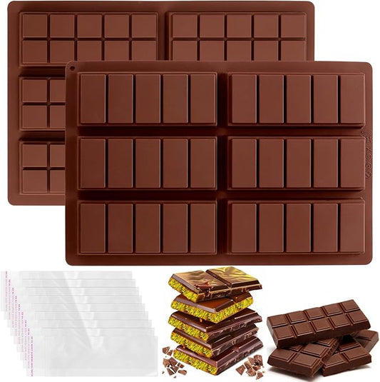 Mity Rain Chocolate Bar Mold Deep - Silicone Thick Mold for Stuffed Bars, Knafeh Pistachio Chocolate Break Apart Candy Molds With 200pcs Storage Bags (Square + Rectangle)
