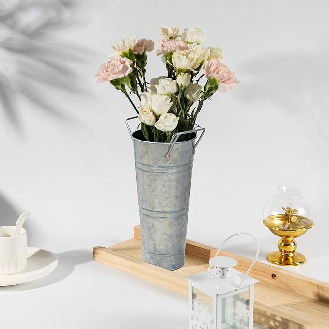 9 Inch Galvanized Metal Vases Farmhouse French Flower Bucket Vases for Cut Flowers, 8 Pcs Farmhouse Decorative Tall Flower Bucket with Handles for Table Weddings Home Decor (Silver, 8 Pcs 9inch)