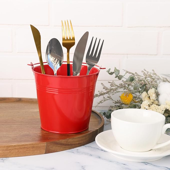 15 Pack 5.1" Red Metal Bucket, Elegant Galvanized Buckets with Handles, Tin Buckets, Small Iron Bucket, Metal Pail for Party Favors, Crafts, Garden & Beach