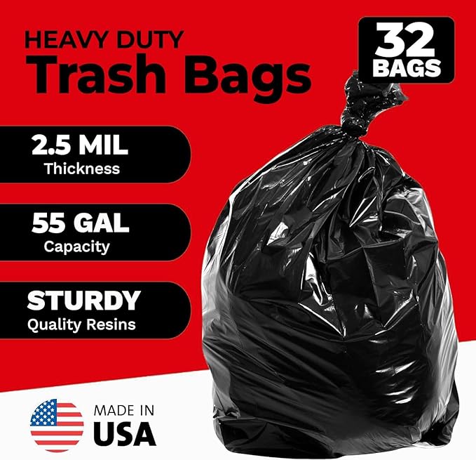 ToughBag 55 Gallon Trash Bags (32 Count) Heavy Duty Trash Bags, Black Garbage Bags, 2.5 Mil - Made in USA