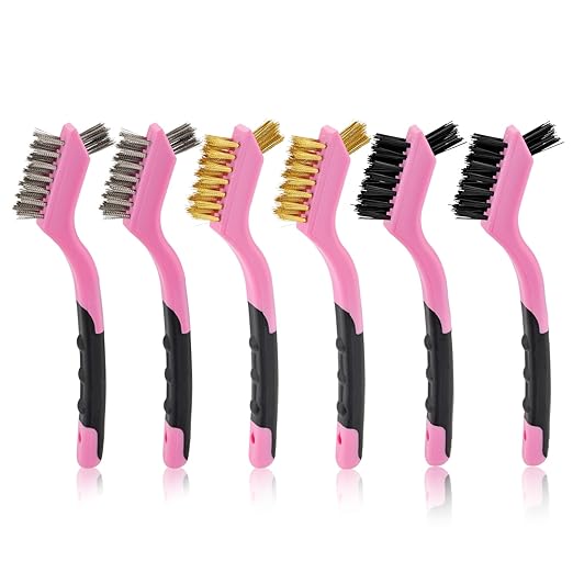 MAXMAN Wire Brush Set 6Pcs Small Wire Brushes Set, Stainless Steel/Brass/Nylon Bristles, Household Deep & Gentle Cleaning Brush, Scratch Brushes for Dirt, Paint Scrubbing, Rust Remover, Pink.
