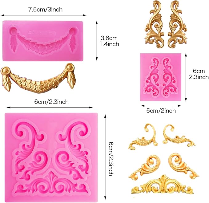 Baroque Style Silicone Molds, Curlicues Scroll Lace Fondant Molds, Vintage Relief Flower Mould Filigree 3D Clay Mold for Gummy Sugar Cookie Pastry Chocolate Mold for Clay Cupcake Topper Decor(6Pcs)