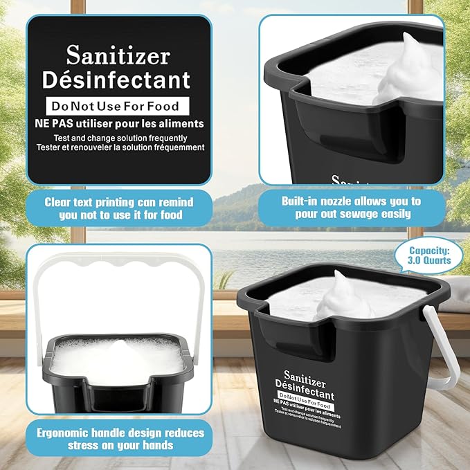Vesici 6 Sets 3 Quart Cleaning Bucket with Microfiber Cleaning Cloths Small Sanitizing Square Bucket Detergent Plastic Utility Pail with Handle for Household Restaurant Office School Use (Black)