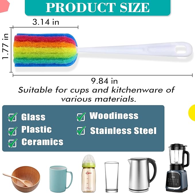 Bottle Brush Cleaner 4PCS Sponge Cleaning Brushes Long Handle Scouring Pad Scrub Brushes for Kitchen Clean Baby Bottle Glasses Mugs Cups (4 PCS)