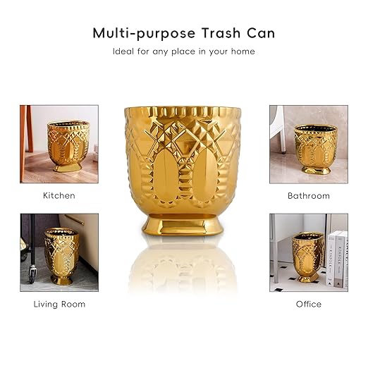 Modern Golden Trash Can, Ceramic Waste Container Garbage Receptacle Bin for Bathrooms, Powder Rooms, Kitchens - Stylish Wastebasket Garbage Can for Home & Office