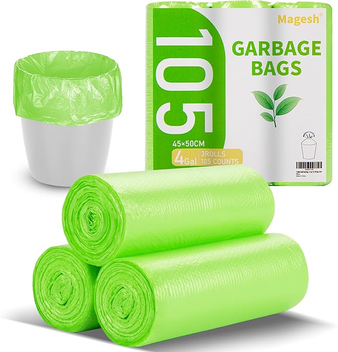 Magesh 105 Count 4 Gallon Small Trash Bags, Green, Transparent, Durable, Leak-Proof, Unscented, Easy to Use, Versatile, Outstanding Customer Service