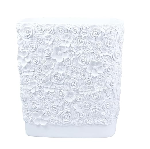 Hymmah Bathroom Trash Can 1.8 Gallon(7 Liter) Small Kitchen Garbage Can,Decor Wastebasket for Bedroom Office,Resin Hand-Carved Rose Flower White
