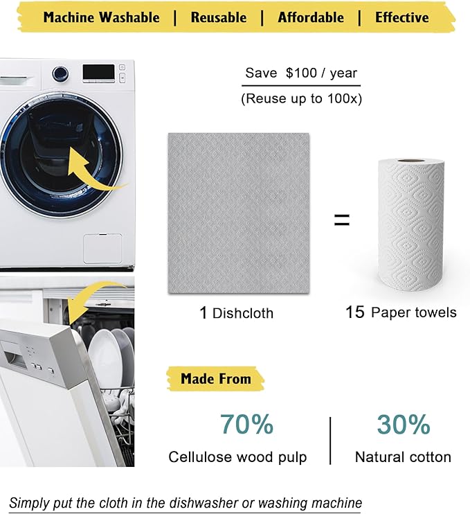 Swedish Dishcloths for Kitchen | 6 Pack Absorbent Cellulose Sponge Cloths Washable | Non-Scratch Reusable Paper Towels Quick Drying Cleaning Cloths - Grey