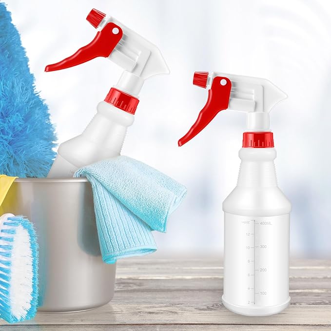 Eccliy 20 Pack 16oz Empty Spray Bottles, Leakproof Cleaning Bottles with Measurement and Adjustable Nozzle for Housekeeping, Commercial Use(Cylinder,Red White New Spray Head)
