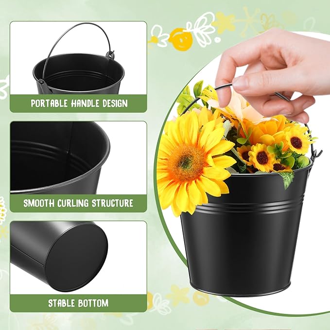 Rtteri 24 Pcs Metal Bucket 5 x 3.5 x 4.7 Inch Mini Party Buckets for Flower Pot Plant Basket Iron Small Metallic Pails with Handle for Container Candy Snack Crafts Vase Party Favors(Black)